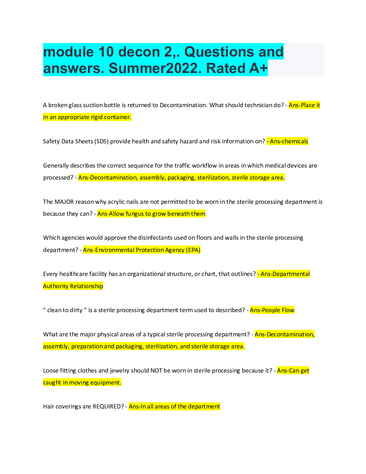 Preview of module 10 decon 2,. Questions and answers. Summer2022. Rated A+
